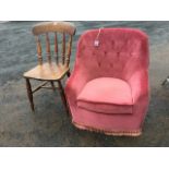 A Victorian hardwood spindleback kitchen chair with solid seat raised on turned legs; and button