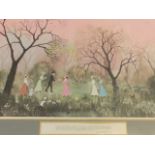 Helen Bradley, lithographic coloured print with figures in wooded landscape, the mount with