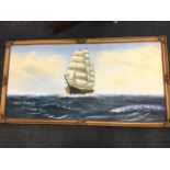 Johnson, oil on canvas, three masted tall ship on choppy seas, signed and gilt framed. (47in x 23.