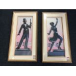 A pair of framed decoupage pictures depicting a dancing man & woman. (11in x 23in) (2)