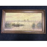 De Bruin, oil on canvas, water landscape with ducks and boat, labelled to verso, framed. (23.75in