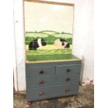 A painted Victorian chest of two short and two long knobbed drawers on bun feet with later tiled