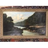 Marshall, oil on canvas, river landscape, signed and dated 1888, in later moulded scrolled frame. (