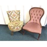 A Victorian style nursing chair, the button upholstered spade back in moulded frame raised on