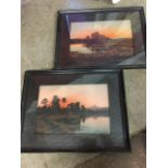 Adolburt Wax, a pair of Edwardian atmospheric sunset water landscape prints in ebonised oak