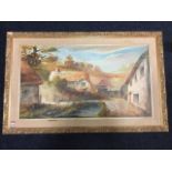 George Horne, oil on board, landscape with thatched houses around a pond, signed and framed. (31in x