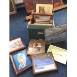 A box of miscellaneous framed pictures - etchings, oils, prints, watercolours, some nineteenth