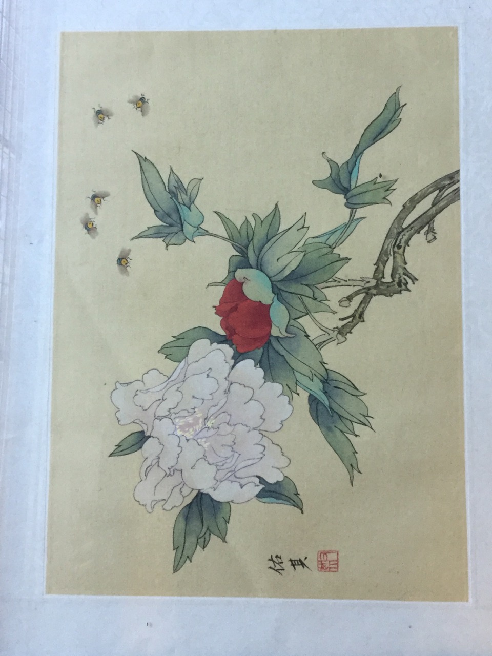 A pair of Chinese blossom foliage fabric prints with bees and butterflies, in limed oak frames; - Image 6 of 6