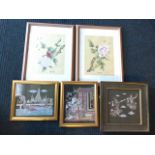 A pair of Chinese blossom foliage fabric prints with bees and butterflies, in limed oak frames;