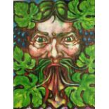 Peter Clare, print of his Green Man, with handwritten poem, dated 1978, signed, mounted and