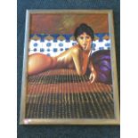 Contemporary oil on board, three-quarter length reclining nude, unsigned & framed. (27in x 34.5in)