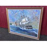 Mills, oil on board, galleon in choppy seas with distant coastland, signed & framed. (29.5in x 23.