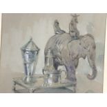 JB Harrison, watercolour with bodycolour, still life with elephant ornament and tray set with silver