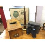 A Victorian oak shop register with brass mounts, the cash drawer with bell; a pair of Pathescope