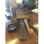 Miscellaneous items including a carved tribal figure, fire bellows, a Victorian inlaid chess box,