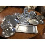 Miscellaneous stainless steel & chrome including a Swan tea/coffee set on tray, entrée dishes,