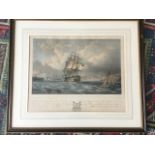 A nineteenth century handcoloured engraving after Hornbrook, depicting HMS Britannia offshore, the