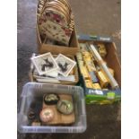 Miscellaneous craft decoupage items including clocks with battery movements, hinged boxes, cards,