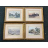 EW Haslehurst, a set of four coloured landscape prints, canal locks and coastal seascape, titled,