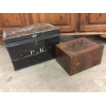 A Victorian cast iron safe with painted decoration - locked; and a japanned deed box with Hobbs & Co