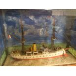 A finely modelled steamer, the French twin masted ship with rigging, canons, sailor figures,