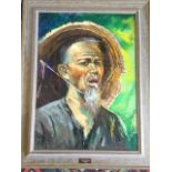 Oil on board, bust portrait of a bearded Chinaman, signed indistinctly, titled to frame Clash of