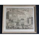 Frank F Milward, etching, artists proof, streetscape with figures, titled Happy City, dated 1973,