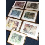 Russell Flint, two pairs of mounted & framed prints with lady figures; and three others in a similar