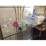 Miscellaneous glass including a large cut goblet, bowls, a square cut decanter with ball stopper,