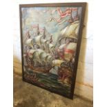 A painted moulded gesso panel of Henry VIIIs tudor warships in full regalia, the approaching