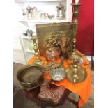 Miscellaneous brass & copper including candlesticks, a magazine rack, jelly moulds, a Victorian