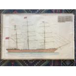 A nineteenth century rigging plan for a sailing ship, the handcoloured print with key detailing