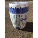 A blue & white Chinese barrel seat, decorated with columns of characters beneath leaf band, with