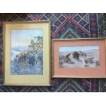 CM Russell, two framed prints of cowboys and indians in American landscapes, after the original