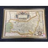 A sixteenth century style map of Suffolk after Saxton, the handcoloured plate in hogarth frame. (