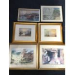 A pair of gilt famed and mounted Turner prints; a pair of Victorian style prints; a David Ghilchik