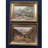 J Percy, a pair, Lake District oleographic landscape prints, Rydal Water & Borrowdale, gilt
