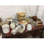 Miscellaneous kitchen ceramics, glass and metal cookware including glass storage jars with stoppers,