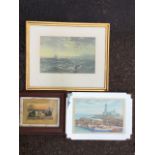 MM May, watercolour, Coquet Island with boats tied up, signed, in mirrored frame; a framed