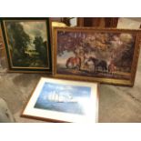 A gilt framed print of horses in wooded landscape after Stanley Ricketts; and two other large framed