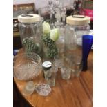 A pair of tall glass storage jars & covers; a tubular spagetti glass; and other glass including an