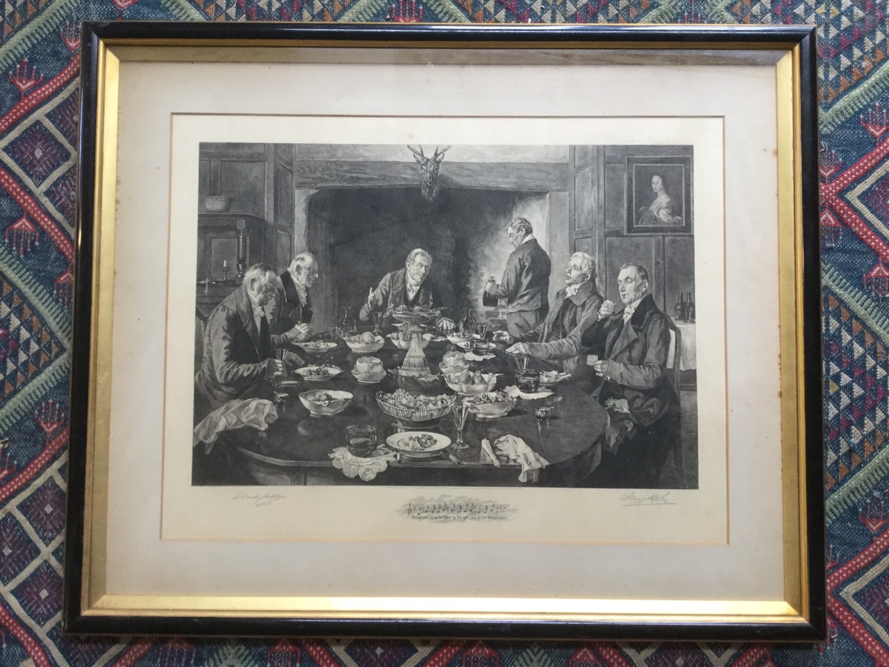 A 1920 W Denny Sadler print of gentlemen at the dinner table, titled The Old Old Song, signed in