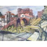 Billie Ross-Booker, watercolour, landscape with cathedral above city, dated 1959, signed and framed.