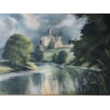 Alan Burdon, watercolour, river landscape view of Warkworth Castle, signed & dated 1970, mounted and