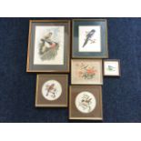 Eric Johnstone, watercolour, study of two finches, signed, mounted & framed; a pair of circular gilt