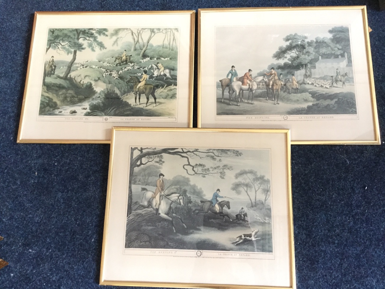 A set of three Victorian style coloured hunting prints after Samuel Howit, with titles beneath the