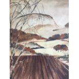 J Kimm, watercolour, view from decking into landscape, dated 1956, signed and framed. (17.5in x 21.