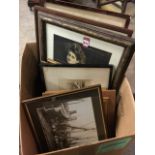 A box of framed pictures & prints including a DY Cameron etching of Arran, a 1945 calligraphy