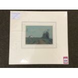 Gaile Snow Gibbs, pastel, white cottage in landscape by track, mounted with Lunar gallery label