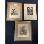 Lavender, a framed etching of Alnwick Castle, signed, mounted & framed; and two gilt framed